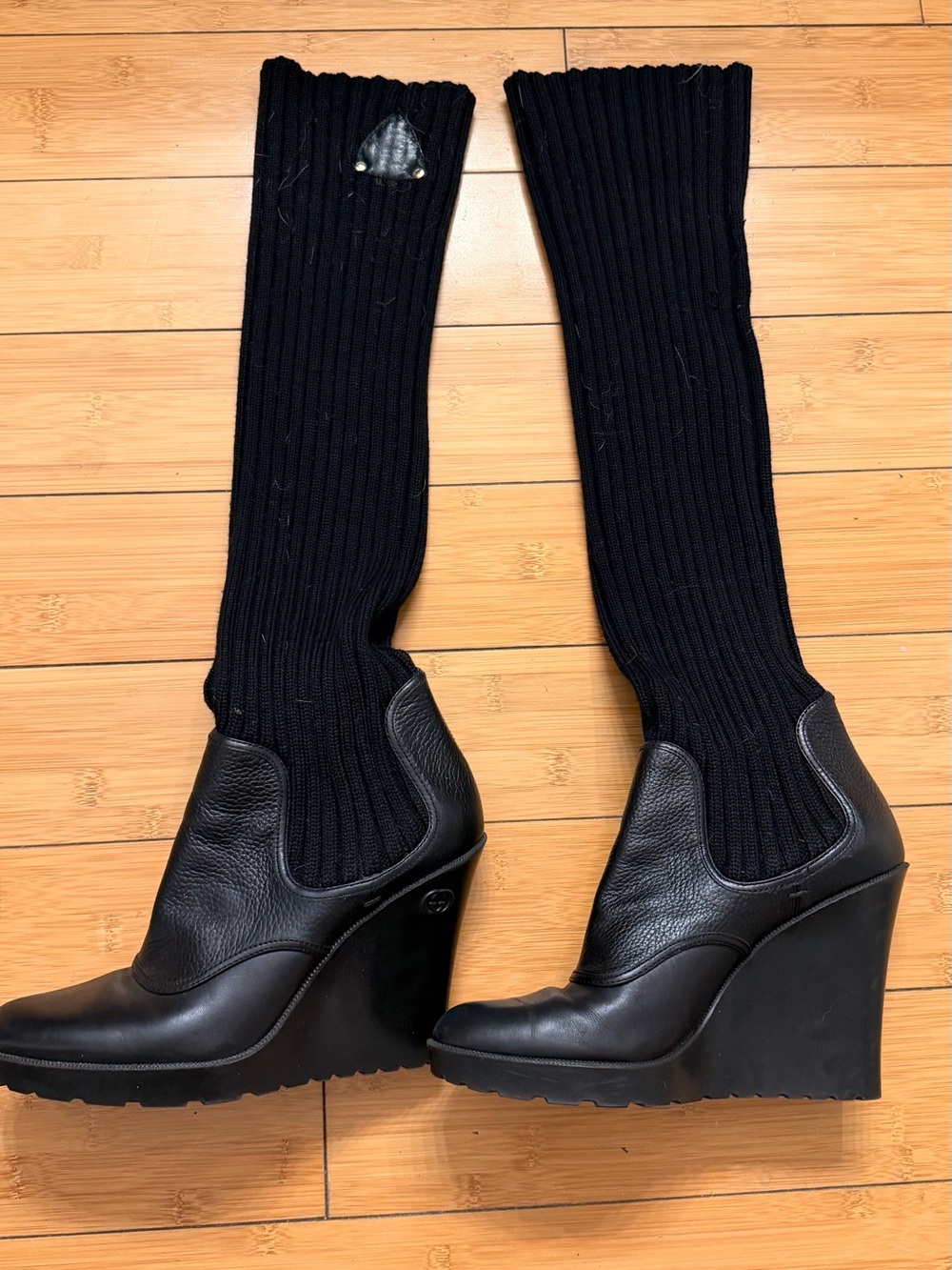 Gucci Black Ribbed Wedge Sock Boots